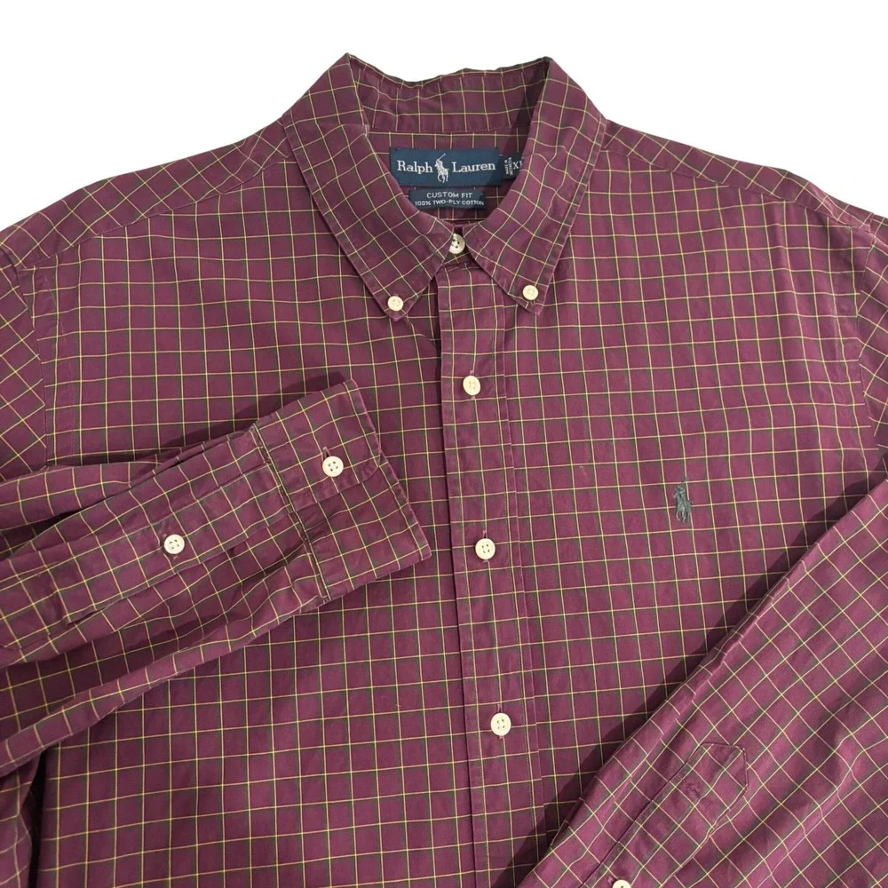 Ralph Lauren Button Down Shirt Mens XL Burgundy Check Custom Fit Two-Ply Cotton